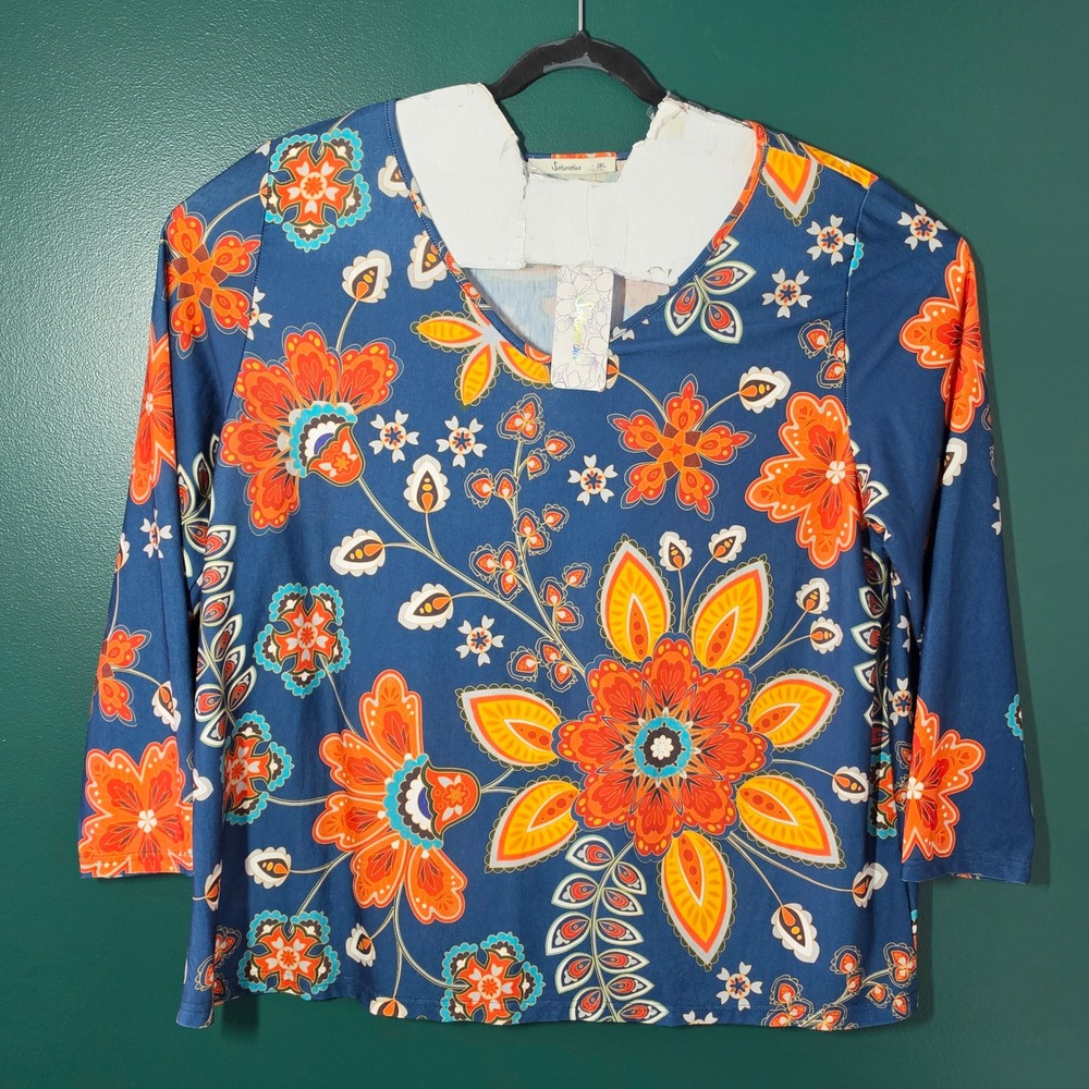 Sakurafina Blue Floral Scoop Neck 3/4 Sleeve Top Plus Size 2XL NEW